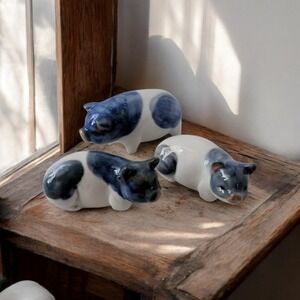 Otagiri Blue and White Porcelain Pig Figurines Set of 3 Made in Japan Vintage